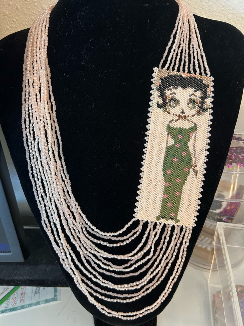 Beaded Art Betty Boop Pendant Necklace in Green and Pink
